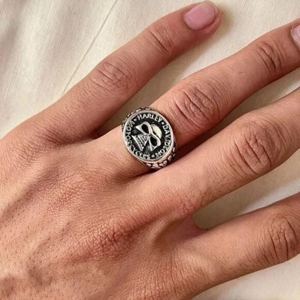 Vintage Harley biker flame skull silver chrome ring